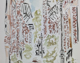 Puede incluir: Una pintura de acuarela de una calle estrecha en Boston, Massachusetts. La calle está bordeada de edificios de ladrillo y tiene una farola en el centro. El texto "3 Goodwin Place, Boston, MA 02114" está escrito en la parte inferior de la pintura.