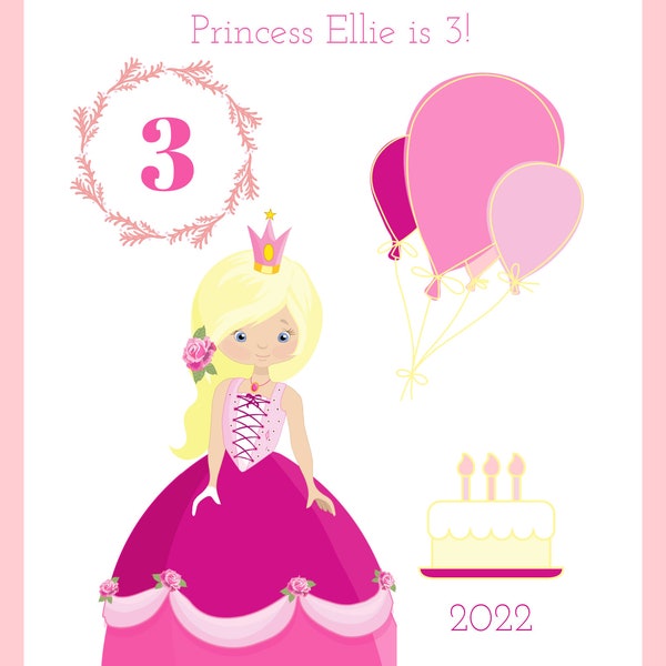 Custom Princess Birthday card, personalized, dress up, pink, grandchild, 5x7, send direct, stamped, blonde, tulle, 3d, fabric, diamond