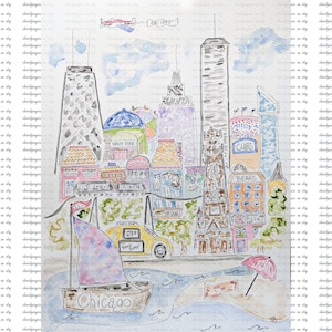 Chicago, IL, acuarela, torre de agua, ciudad ventosa, centro de la ciudad, arte personalizado, pintado a mano, arte firmado, Art Reprint, 8x10, arte de pared, original