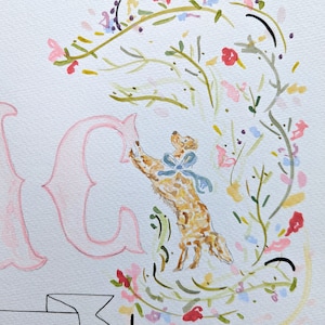 Framed Custom Nursery Watercolor Art, puppy, flowers, girl, bows, original art, monogram, southern, boy, blue