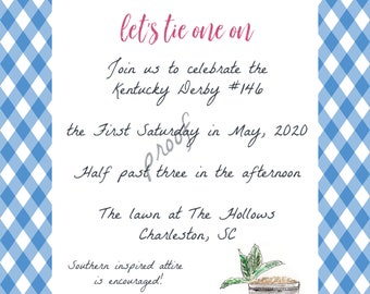 Set of 50 Kentucky Derby 5x7 invites, couples shower, custom, derby, southern, watercolor, horse, races, bow tie, preppy