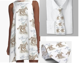 Derby Dress and Tie set, Horse Race, Unique, watercolor, derby, 2024