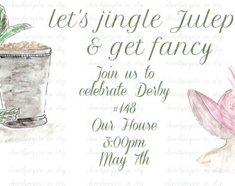 Custom Derby Invitations, Custom, horse, jockey, southern, Couple shower, wedding, party, watercolor, julep, hat, set of 10