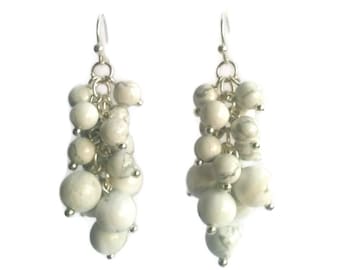 Midsummer - White Earrings - Howlite Gemstone Bead Cluster Dangle Earrings