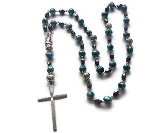 Earthsea - Blue Necklace - Virgin of Guadalupe Mexican Rosary Beads – Blue Pearl and Charcoal Hematite Gemstone