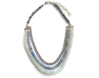 Rain Goddess - Blue-White Statement Necklace - Beaded Gemstone 3-Strand Collar – Agate-Moonstone-Silver – Mishimon Designs