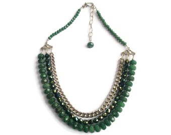 Goddess - Green Statement Necklace - Beaded Gemstone 3-Strand Collar - Agate-Crystal-Chain - Silver-Green