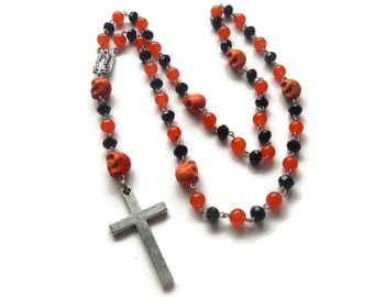 Naranja - Orange-Black-Silver Necklace - Mexican Sugar Skull Rosary Beads - Dios De Los Muertos-Virgin of Guadalupe