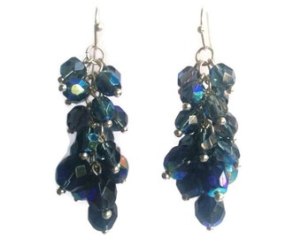 Blue Smoke Earrings - Deep Blue Czech Bead Cluster Dangle Earrings