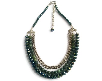 Cleopatra - Green Statement Necklace - Beaded Gemstone 3-Strand Collar - Agate-Crystal-Chain - Silver-Green – Mishimon Designs
