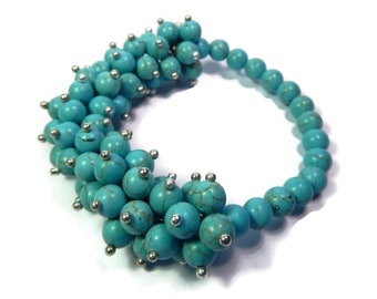 Oasis Anemone - Turquoise Blue-Silver Bracelet - Hand Looped-Beaded Cluster Stretch - Howlite Gemstone