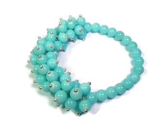 Tropical Anemone Aqua Blue-Silver Bracelet - Hand Looped-Beaded Cluster Stretch - Quartz Gemstone