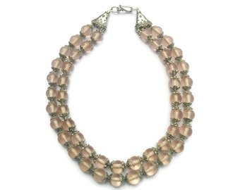 Blush - Pale Pink-Tribal Silver Statement Necklace - Beaded Glass 2-Strand Collar Vintage Style – Mishimon Designs