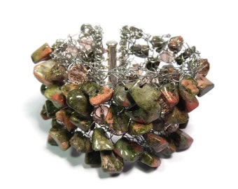 Outback - Green-Silver Bracelet - Hand Knitted Wire Mesh and Bead Cuff - Unakite Gemstone, Faceted Crystal and Silver