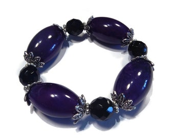 Mystic - Purple Bracelet #3 - Chunky Agate-Jet Gemstone Crystal Stretch Bracelet - Purple-Black-Silver