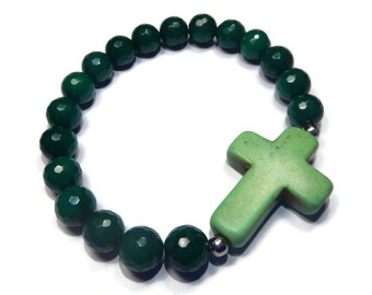 Southwest - Green Bracelet - Agate Stretch Stacking Bracelet with Gemstone Cross