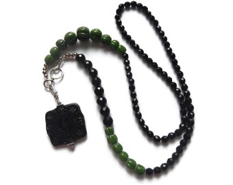 Ancient Jungle - Long Beaded Convertible Asymmetrical Statement Necklace – Black-Green-Silver