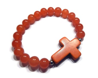 Southwest - Orange Bracelet - Quartz Stretch Stacking Bracelet with Howlite Gemstone Cross