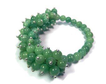 Seaweed Anemone - Mint Green-Silver Bracelet - Hand Looped-Beaded Cluster Stretch - Quartz Gemstone