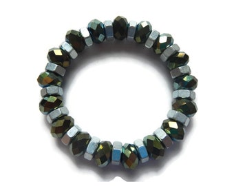 Galaxy Green-Gold-Silver - Bracelet - Faceted Glass Crystal Stretch Stacking Bracelet