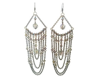 Shimmer - Swarovski Crystal-Old Brass Chain Earrings - Neutral-Bronze