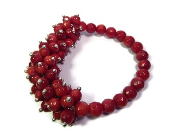 Coral Anemone - Red-Silver Bracelet - Hand Looped-Beaded Cluster Stretch - Genuine Coral