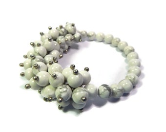 Bamboo Anemone - White Bracelet - Hand Looped-Beaded Cluster Stretch - Howlite Gemstone