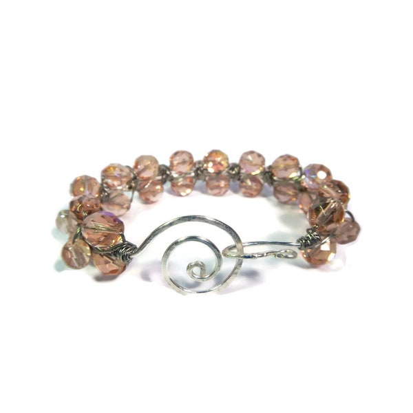 Czech Glass Bracelet | Pink Crystal Bracelet | Swirl Clasp Bracelet | Wire Wrapped Jewelry | Unique Beaded Bracelets | Beaded Bangle | Peach