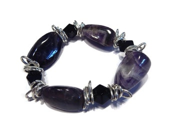 Mystic - Purple Bracelet #4 - Chunky Amethyst Gemstone Crystal Stretch Bracelet - Purple-Black-Silver