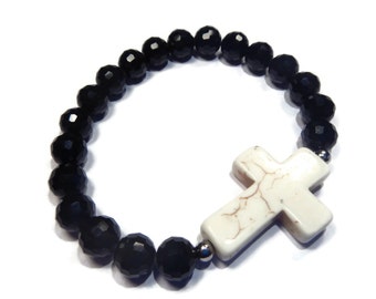 Southwest - Black/White Bracelet - Faceted Vintage Glass Bead Stretch Stacking with Gemstone Cross - Mishimon Designs