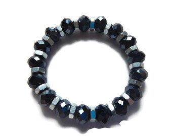 Galaxy - Grey-Silver Bracelet - Faceted Glass Crystal Stretch Stacking Bracelet - Charcoal