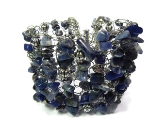 Rainstorm - Blue-Silver Bracelet - Hand Knitted Wire Mesh Bead Cuff - Sodalite Gemstone, Freshwater Pearl, Tibetan Silver