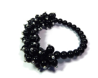 Night Anemone - Black-Silver Bracelet - Hand Looped-Beaded Cluster Stretch - Jet Glass