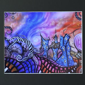 May include: A whimsical painting of a blue and brown building with a striped, swirling landscape in the foreground. The sky is a vibrant mix of pink, purple, and blue with white clouds.