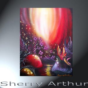 Whimsical Fairy Art Surrounded By Colorful Mushrooms Reproduction Print