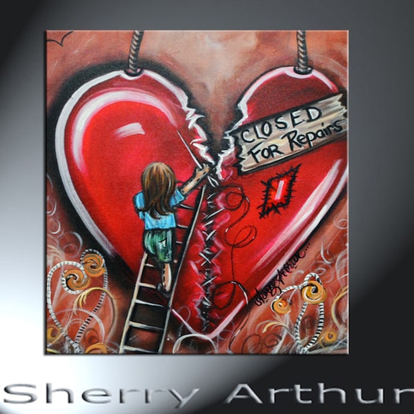 Closed For Repairs Little Girl Sewing Up Broken Heart Art Print