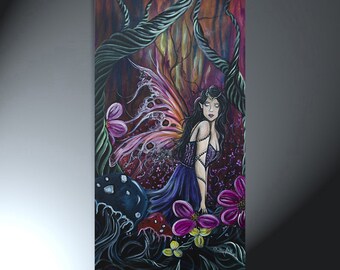 Whimsical Fairy Acrylic Painting on Canvas, 15x30" Original Art