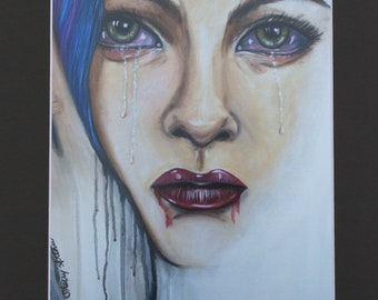 Retrato de una mujer triste llorando, con cabello azul (reproducción impresa).
