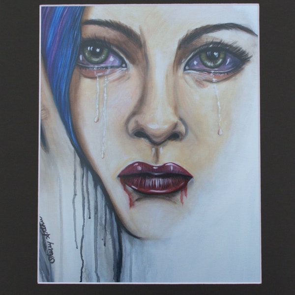 Sad Woman Emotional Crying Portrait With Blue Hair Reproduction Print