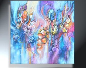 Floral Mixed Media Artwork on Canvas, Whimsical Modern Art (36x36)