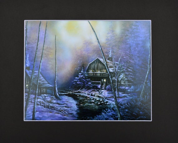Winter Cabins In The Woods Art Print 11 X 14 Black Matted Etsy