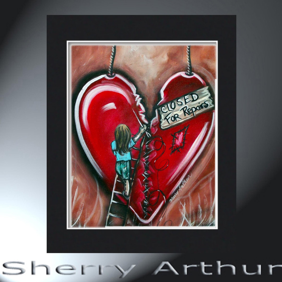 Closed for Repairs Art Print: Little Girl Sewing Broken Heart
