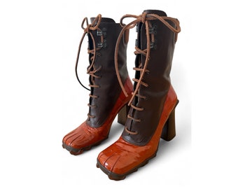 MIU MIU Runway black leather logo lace up chunky wedged