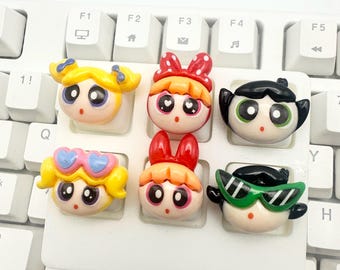 Juego de teclas de las Chicas Superpoderosas / Teclas personalizadas de Blossom, Bubbles y Buttercup / Juego de teclas Kawaii para teclado mecánico MX