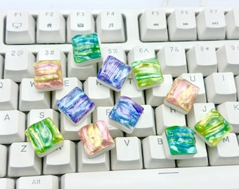 Juego de teclas artesanales Aurora Ocean, teclas en tonos pastel, teclas WASD, ESC y flechas con efecto mármol azul, verde y rosa, teclas de resina hechas a mano, regalo para ella.