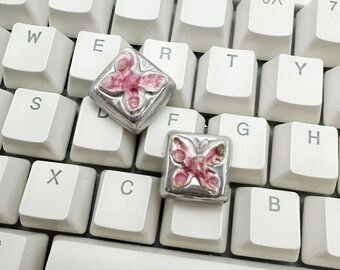 Tecla Pink Butterfly Artan: base plateada, interruptor MX Cherry