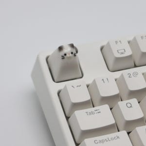 May include: White mechanical keyboard with a cat-shaped keycap. The keycap is white with black eyes and a gray nose. The keyboard has keys labeled with letters, numbers, and symbols.