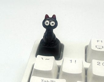 Tecla de gato negro, gato Jiji, gato de ojos grandes, tecla artesanal adorable, tecla de teclado de gato divertida, decoración de escritorio kawaii peculiar, regalo para gamers, tecla de animal