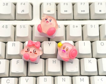 Tecla artesanal rosa de Kirby, cristal brillante, linda tecla de Kirby, teclas de anime kawaii Cherry MX, configuración de escritorio de juegos rosa, teclado mecánico