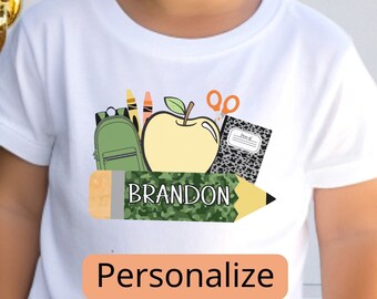 Personalized Back to School Shirt Boys, Custom Name Shirt for Kids, Kindergarten Shirt Boy Camo School Shirt, First Day of School Shirt